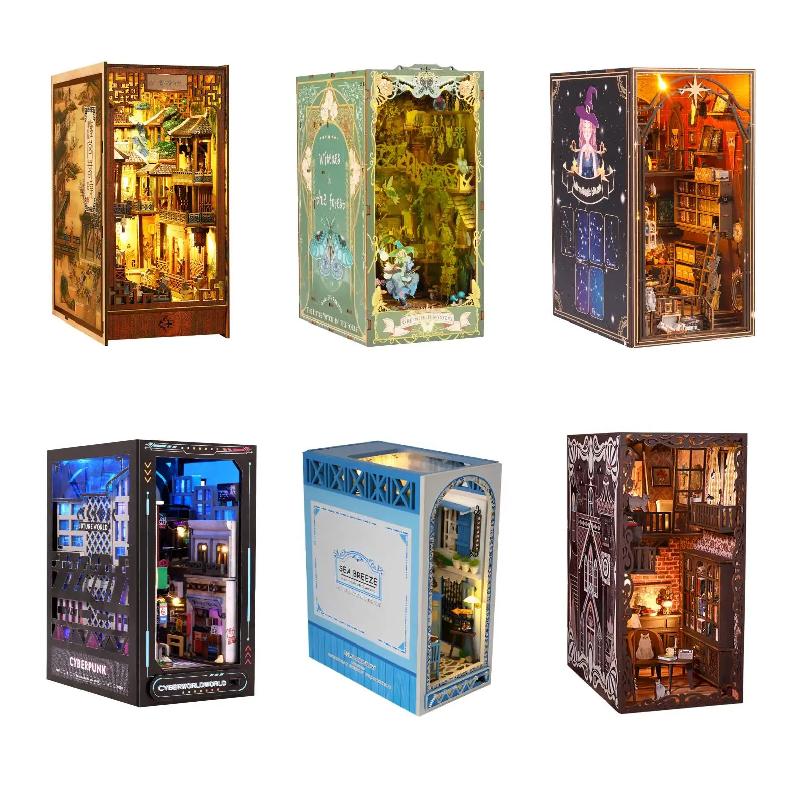 DIY Buch Ecke Kit 3D Holz Puzzle Bücherregal Einsatz Dekor mit LED-Sensor Licht DIY Miniatur Puppenhaus Modell Kit für Kinder Erwachsene