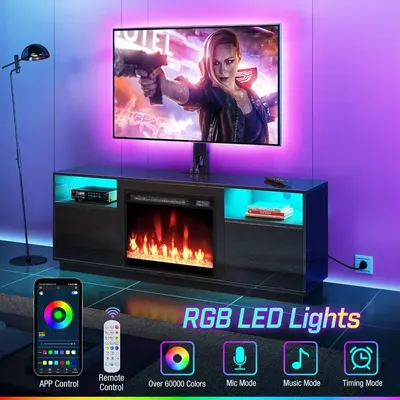 Fireplace TV Stand with Led Lights and Power Outlets, Entertainment Center with Electric Fireplace,