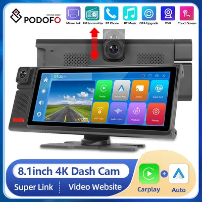 Podofo 8.1inch Car Video Recorder Carplay Monitor Android auto Front Camera DVR 4K Bluetooth FM