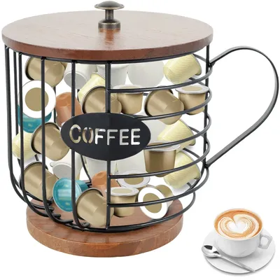 Coffee Pod Holder with Wooden Base Large Capacity Coffee Filters Storage Metal Coffee Capsule Cages