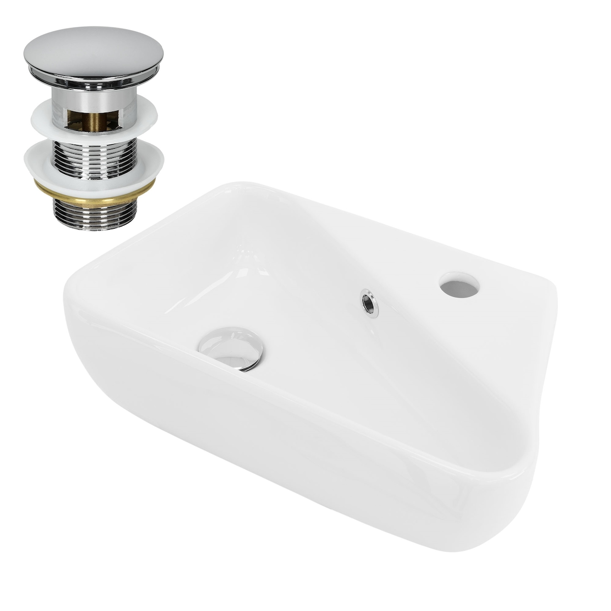 LuxeBath ML-Design Mini-Waschbecken Keramik Weiß 45×27×13 cm, eckig, Hahnloch rechts, mit Überlauf, inkl. Ablaufgarnitur – Wand-/Aufsatzbecken