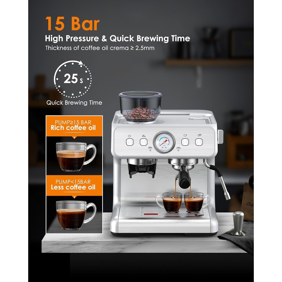 15 Bar Espresso Machine, Semi-Automatic Maker with Bean Grinder, Milk Frother Steam Wand for Cappuccino and Latte