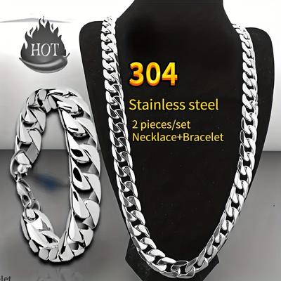 TEMU 2 Pieces/ Set Of Stainless Steel Necklace And Bracelet Set, Hip-hop Punk Couple Chain