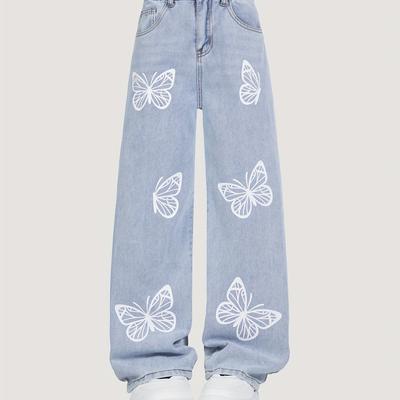 TEMU Butterflies Pattern Wide-leg Jeans For Girls, Comfy Denim Cotton High Waist Casual Loose Trousers - For Street/