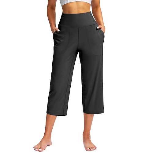 Damen Weites Bein Chinos Klassicher Stil Wadenlang Hohe Taille Einfach Tasche Bequem Weich Mikroelastisch Lässig Yoga Schwarz Weiß Aprikose Kaffee Frühling Herbst Normale Passform Image