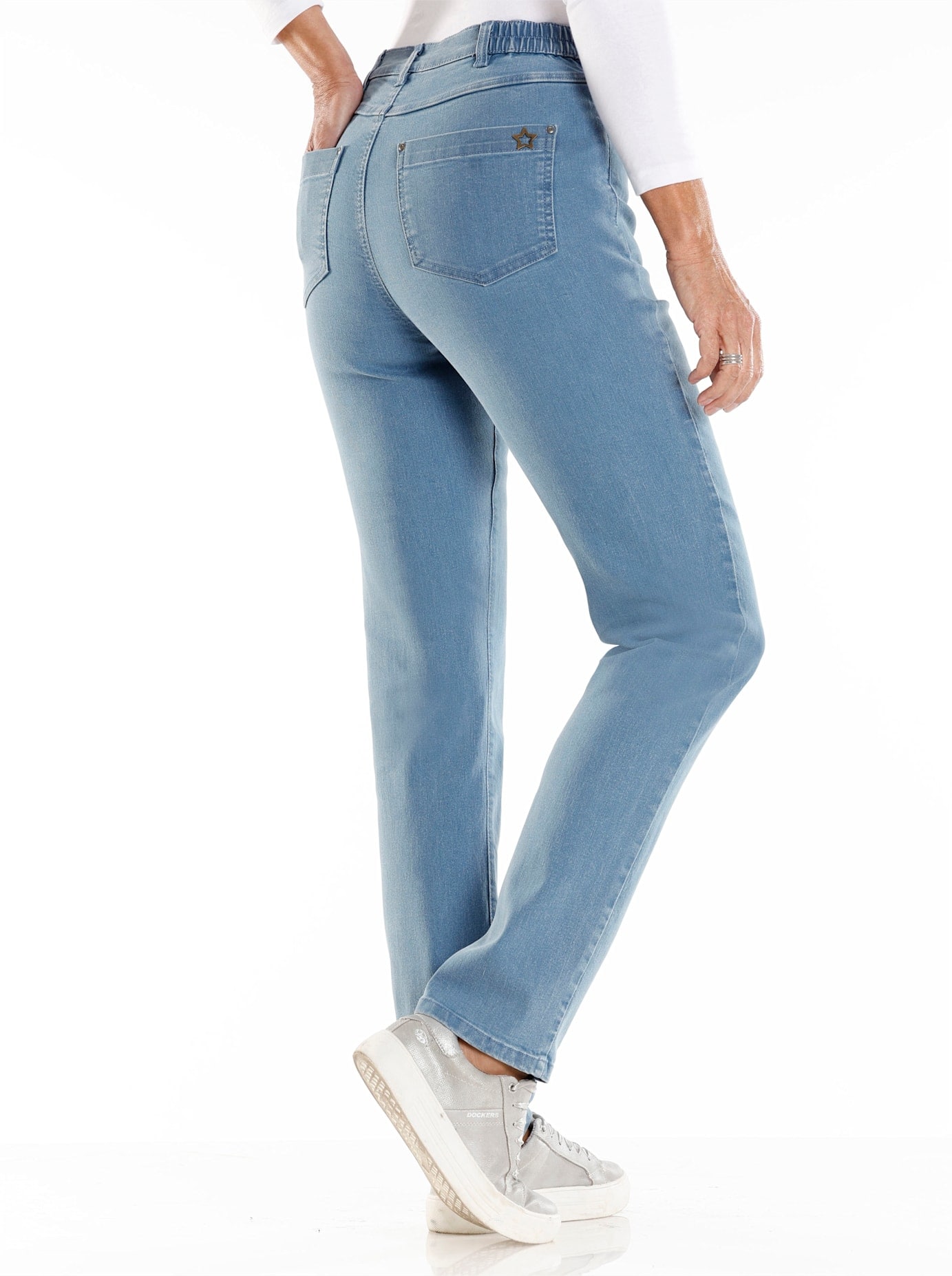 5-Pocket-Jeans CLASSIC BASICS, Damen, Gr. 22, Kurzgrößen, blau (blau, bleached), 81% Baumwolle, 17% Polyester, 2% Elasthan, unifarben, lang, Jeans 5-Pocket-Jeans
