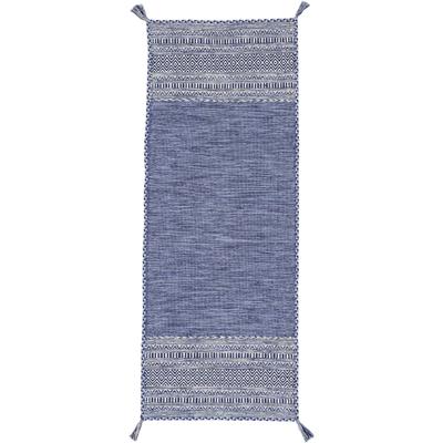 Läufer CARPETFINE "Kelim Azizi", blau, B:80cm H:5mm L:300cm, Baumwolle, Teppiche, Fransenteppich, Baumwolle, Wendeteppich mit Fransen, Wohnzimmer Image