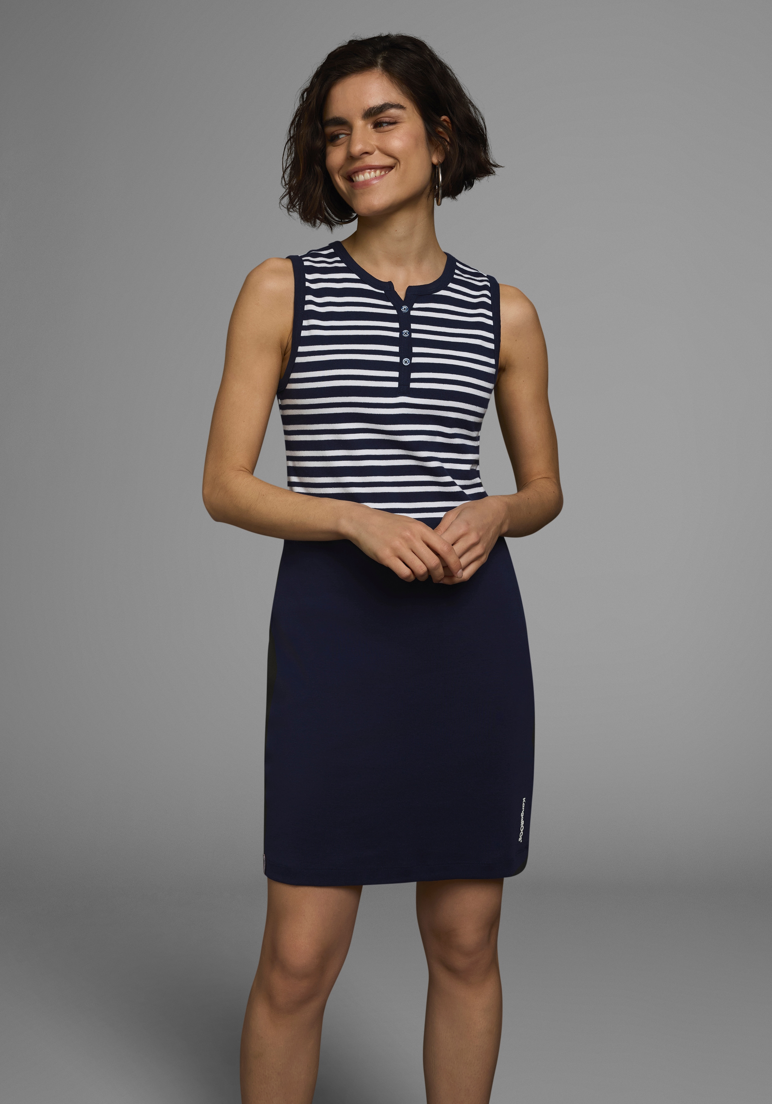 Sommerkleid KANGAROOS, Damen, Gr. 48 (XL), N-Gr, blau (marine, weiß), Rippware, Obermaterial: 100% Baumwolle, gestreift, unifarben, sehr figurbetont mini, Rundhals, Kleider, aus Rippware, Mini-Länge Image