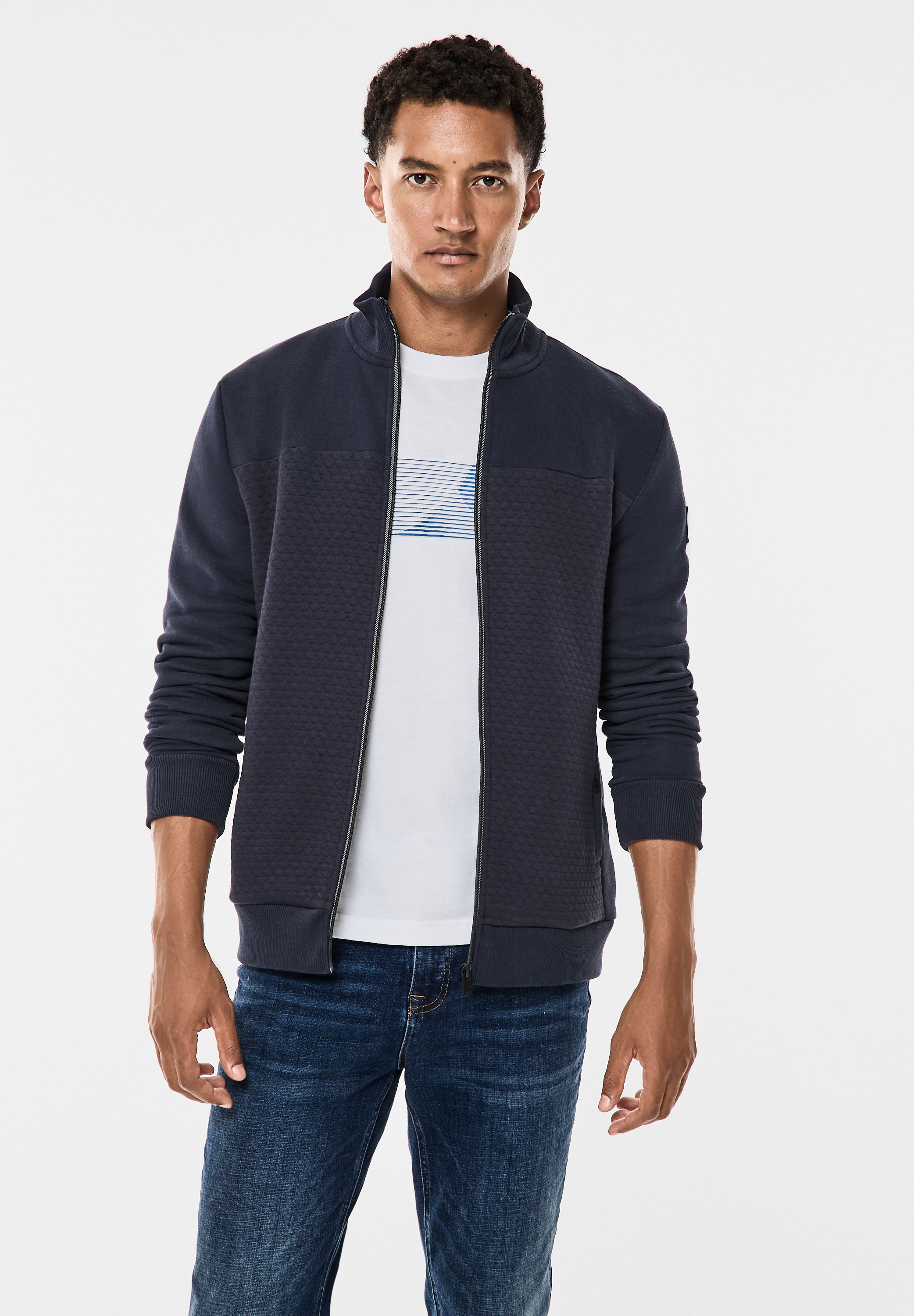 Sweatjacke STREET ONE MEN, Herren, Gr. M (40), blau (night blau), Web, 80% Baumwolle, 20% Polyester, unifarben, Casual, gerade normal, hoch geschlossener Ausschnitt, Bündchen, Sweatjacken, mit Stehkragen