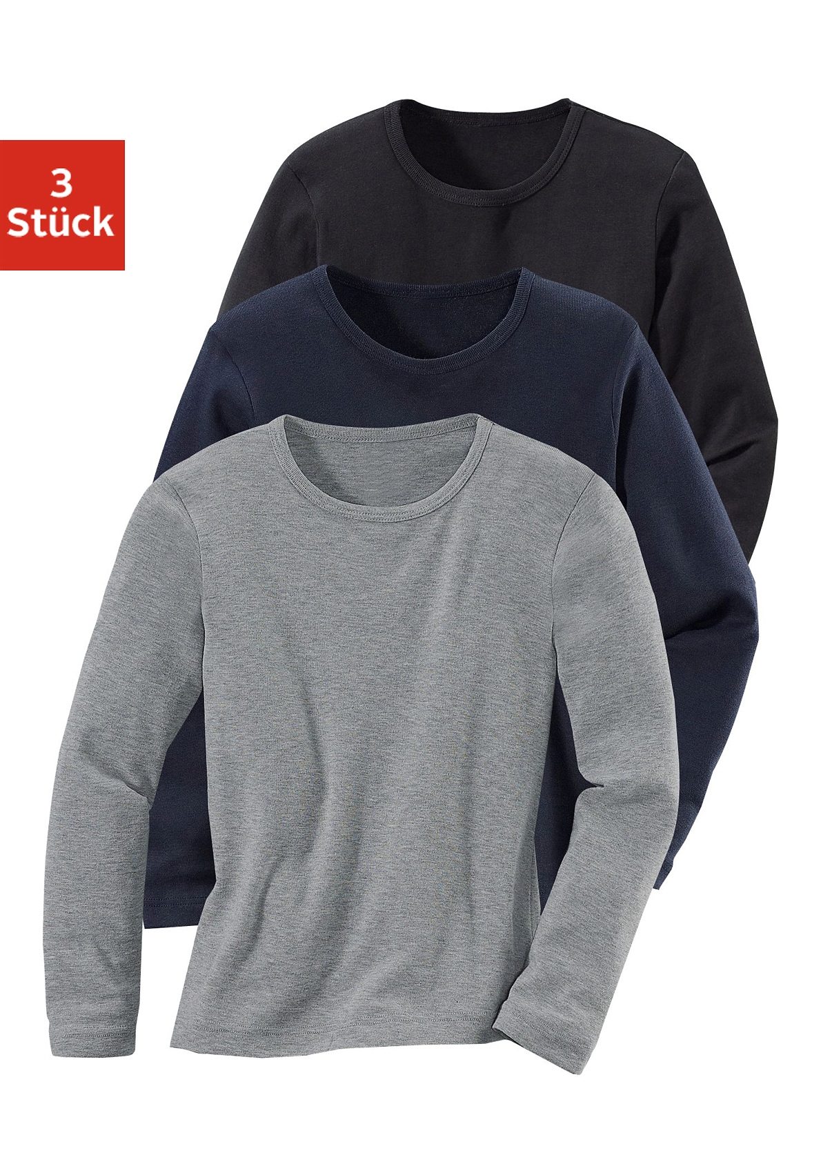 Langarmshirt H.I.S, Kinder, Gr. 152, blau (schwarz, grau, meliert, marine), Feinripp, Graumeliert (Obermaterial): 60% Baumwolle, 40% Polyester, unifarben, Basic, bequem hüftbedeckend, Rundhals, abgesteppte Kante, Shirts, in Rippenqualität Image