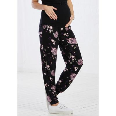 Umstandshose NEUN MONATE "Umstand-Haremshose für Schwangerschaft und Stillzeit", Damen, Gr. 44/46, N-Gr, schwarz (schwarz, geblümt), Jersey, Obermaterial: 95% Viskose, 5% Elasthan, gemustert, bedruckt, geblümt, Basic, bequem lang, Hosen, in bequemer... Image