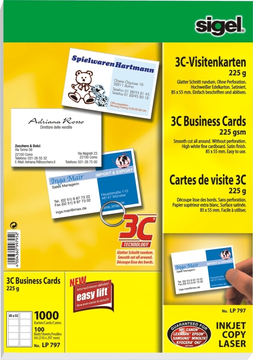 Sigel Visitenkarten 3C Ink/Laser/Copy 225g/qm hochweiß VE=1000 Stück Image