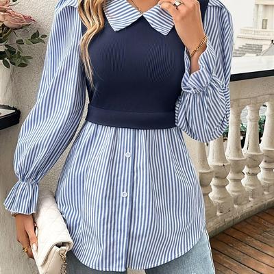 TEMU Striped Print Blouse, Elegant Long Sleeve Button Front Blouse For Spring & Fall, Women's Clothing