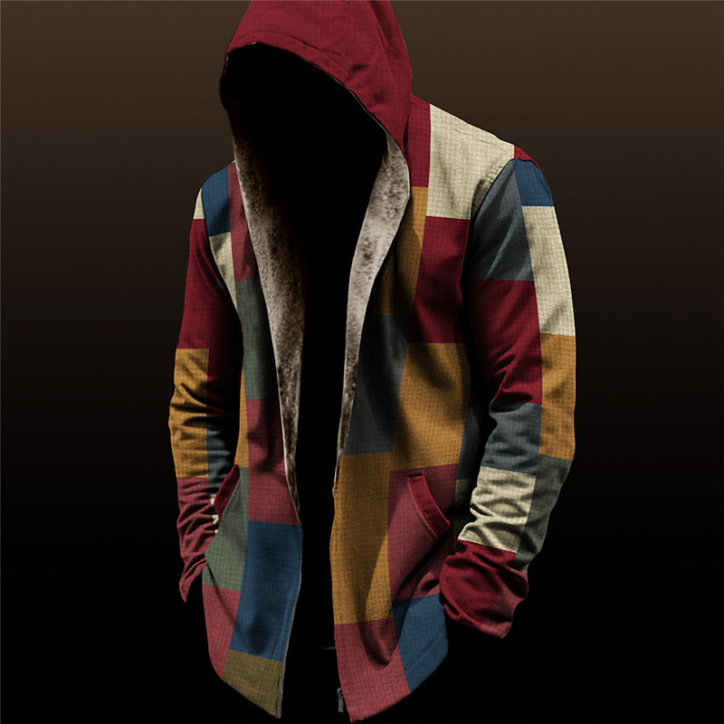 Men's Color Block Plaid / Check Winter Coat Fleece Jacket Coat Thermal Warm Vintage Daily Wear Going out Pocket Print Fall Winter Hooded Long Sleeve Black Wine Red