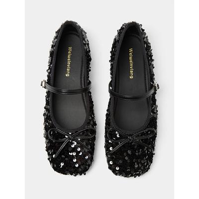 Women's Black Sequin Mary Jane Flats – Sparkly Ballet Shoes with Bow Detail for Parties and Special Occasions