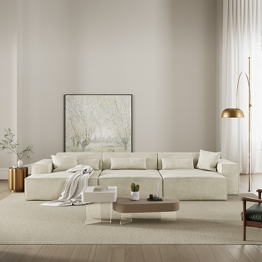 128.35" Electric Slide Out Couch Power Sofa Bed Modular Sleeper Sofa, Sectional Sofa Bed Couch with Track Arm, 5 Couch Pillows, Anti-scratch & Water-proof, Beige