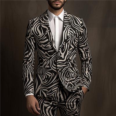 Men's Zebra Print Coat Blazer Warm Breathable Comfortable Business Work Wear to work Going out Buttons Print Multi Pocket Fall Winter Turndown Long Sleeve Black