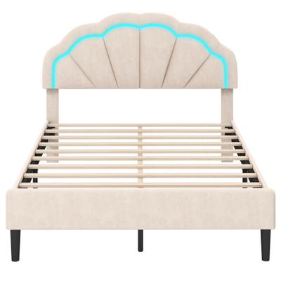 Costway Upholstered LED Bed Frame with Adjustable Flower Headboard and Metal Support Feet-Full Size