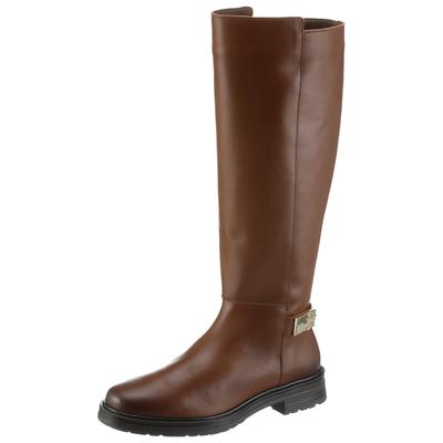 Stiefel TOMMY HILFIGER "TH LOGO LEATHER LONG BOOT" Gr. 39, Normalschaft, braun (cognac used) Damen Schuhe Blockabsatz, Businessstiefel mit Zierriemchen hinten