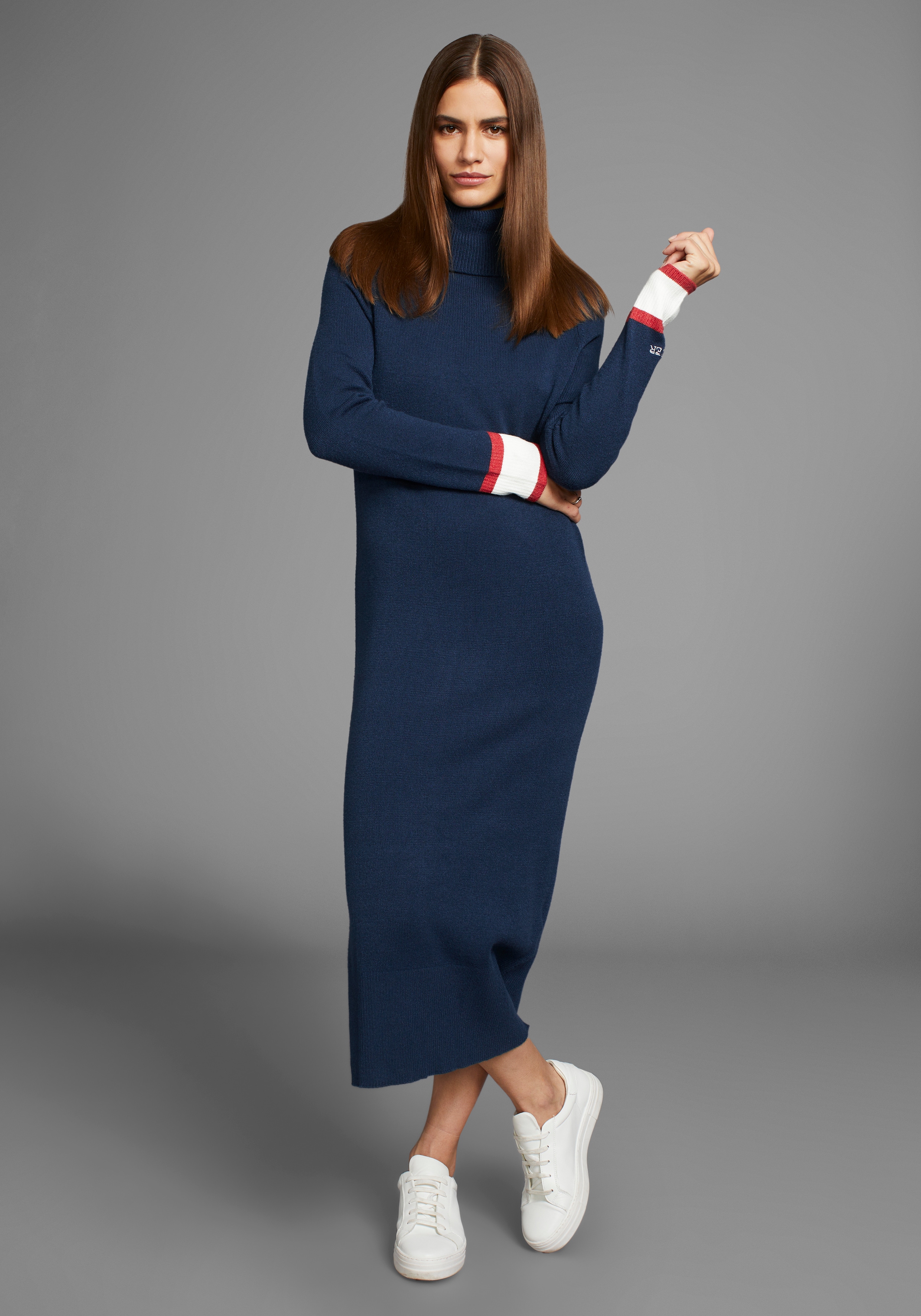 Strickkleid HECHTER PARIS, Damen, Gr. 36, N-Gr, blau (navy), Feinstrick, Obermaterial: 50% Viskose, 28% Polyester, 22% Polyamid, unifarben, figurumspielend wadenlang, hoch geschlossener Ausschnitt, Raglanärmel extrabreites Bündchen, Kleider...