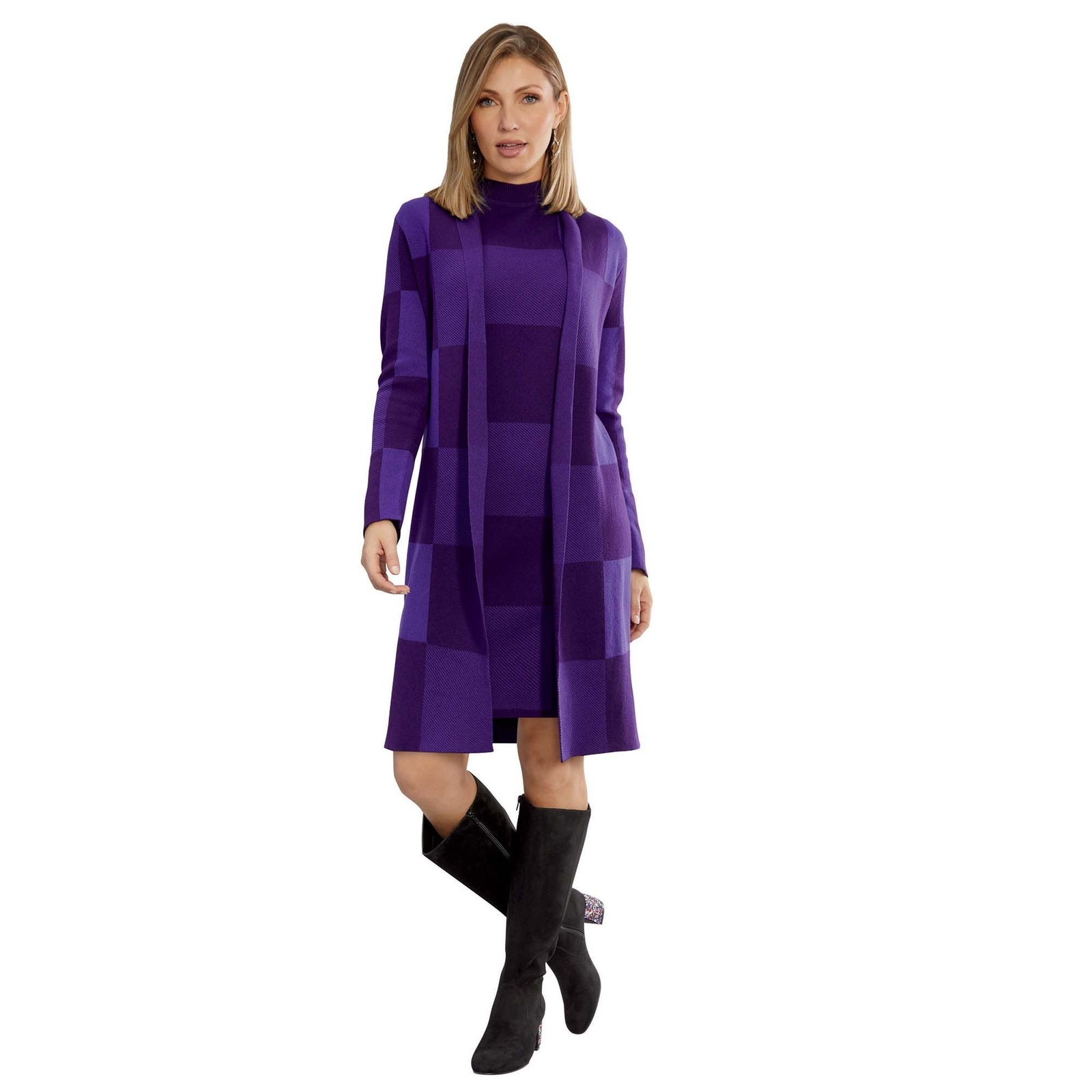 Masseys Sweater Dress & Jacket Set (Size 3X) Purple/Plaid, Acrylic,Cotton