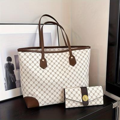 TEMU Stylish Large Tote Bag With Wallet Set - Elegant And Spacious Women's Handbag Image