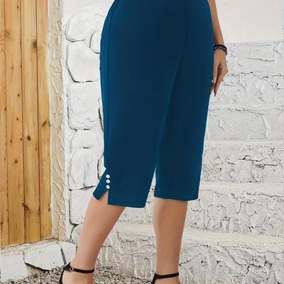 TEMU Plus Size Solid Split Button Decor Capris Pants, Elegant High Waist Pants For , Women's Plus Size Clothing Image