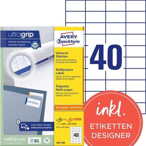 AVERY Zweckform ultragrip Universaletiketten 3651-200 Selbsthaftend DIN A4 Weiß 52,5 x 29,7 mm 220 Blatt à 40 Etiketten Image