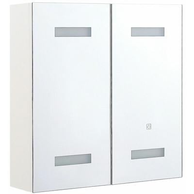 Bad Spiegelschrank Weiß Sperrholzplatte 2 türig 60x60 cm mit 4 LED-Leisten Fächern Wandeinbau