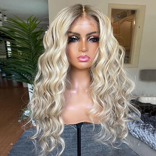 Unverarbeitetes reines Haar 13x4 Spitzenfront Perücke Mittelteil Brasilianisches Haar Wellen Lockere Locken Blond Perücke 130% 150% Haardichte Gefärbte Haarspitzen (Ombré Hair) Strähnchen Image