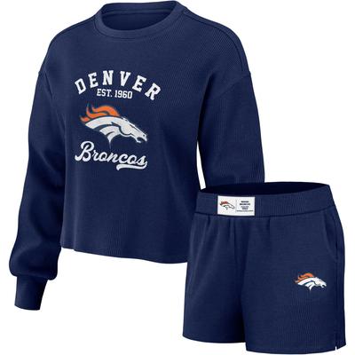 Damen WEAR by Erin Andrews Marineblaues Denver Broncos Waffelstrick-Lounge-Set mit langärmeligem T-Shirt und Shorts Image