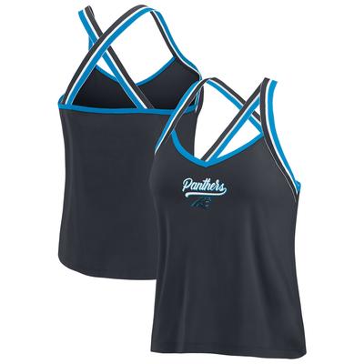 Damen WEAR by Erin Andrews Schwarzes Carolina Panthers Tri-Blend Tanktop mit überkreuzten Trägern Image