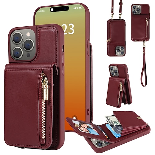 Handy Hülle Handyhüllen Für iPhone 17 Pro Max 17 Air 16 15 14 Pro Max Plus 13 12 11 Pro Max Brieftaschenhülle Reisverschluss mit Trageriemen Mit Handgelenkschlaufe Retro TPU PU-Leder Image