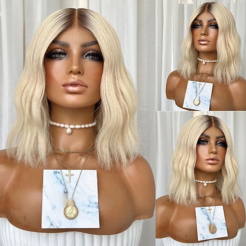 Remy Menschenhaar 13x4 Spitzenfront Perücke Kurzer Bob Brasilianisches Haar Wellen Blond Perücke 130% 150% Haardichte Gefärbte Haarspitzen (Ombré Hair) Natürlicher Haaransatz Leimlos Vorgerupft Für Image