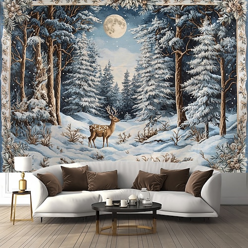 Wandteppich zum Aufhängen, Schnee-Rentier, Wandkunst, großer Wandteppich, Wanddeko, Fotohintergrund, Decke, Vorhang, Heim, Schlafzimmer, Wohnzimmer, Dekoration Image
