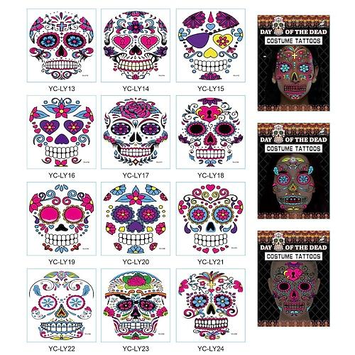 12 Stück temporäre Tattoos, im Dunkeln leuchtende temporäre Gesichtstattoos - Halloween-Transfertattoos, Tag der Toten, Calavera, Zuckerschädel