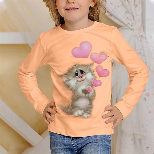 Mädchen 3D Grafik Tiermotiv Katze T-Shirt Langarm Frühling Herbst Mode Basic Kinder 4-12 Jahre Rundhalsausschnitt Outdoor Lässig Täglich Normale Passform Image
