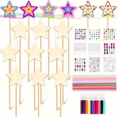 TEMU 57 Pcs Star Princess Fairy Wands Kit Make Your Own Princess Wand Diy Art Craft 18 Star Wooden Fairy Wands 9 Gem Stickers 20 Ribbons 10 Markers Party Supply