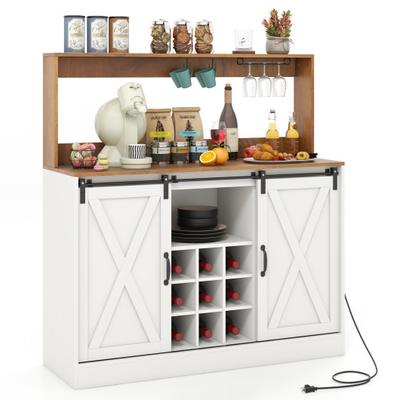 Costway Farmhouse Coffee Bar Cabinet with Charging Station and Sliding Barn Doors-White