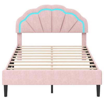 Costway Upholstered LED Bed Frame with Adjustable Flower Headboard and Metal Support Feet Pink-Full Size