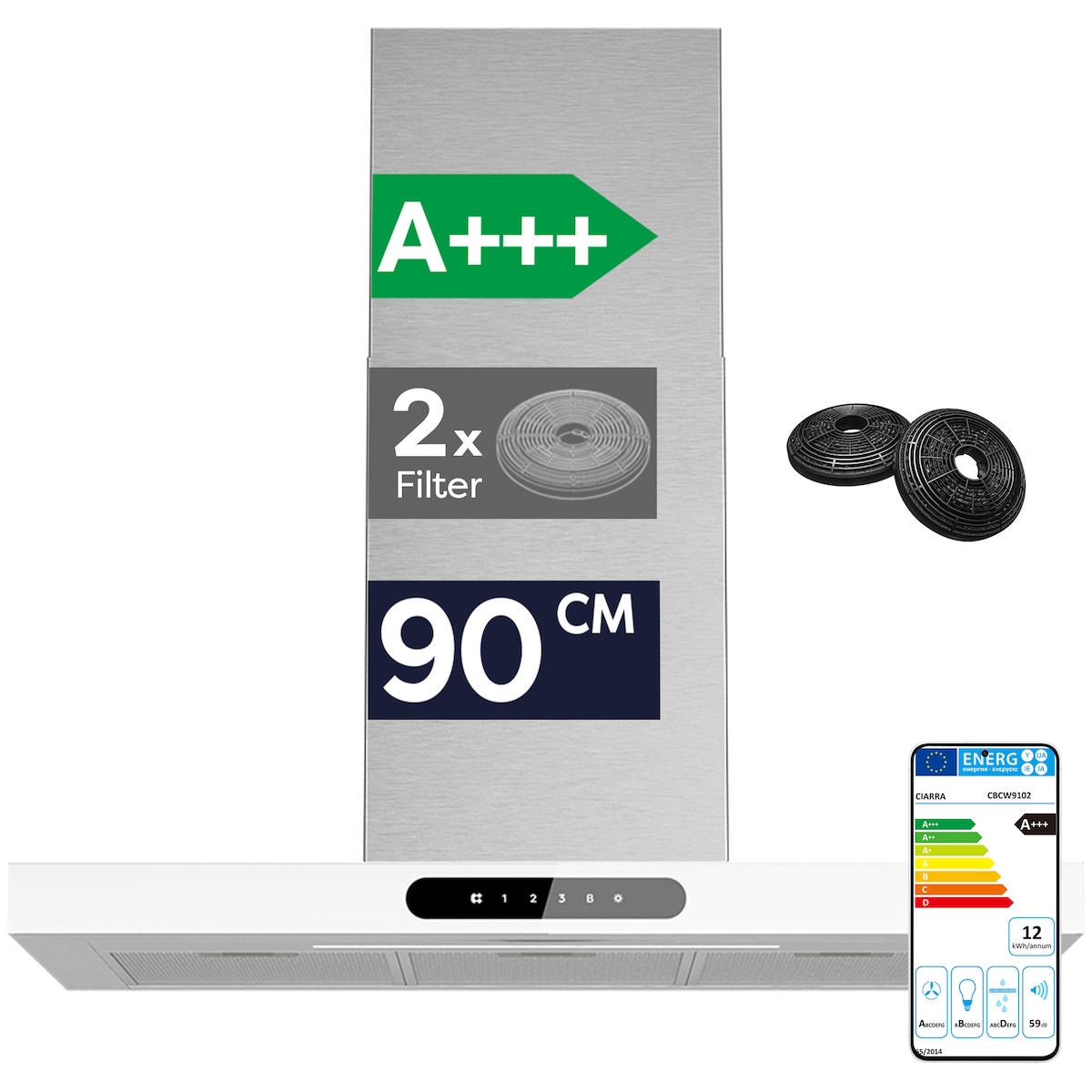 CIARRA Dynamic A+++ 650 m³/h Dunstabzugshaube 90 cm Abzugshaube WIFI APP SensorTouch Bedienung Wandhaube Edelstahl Glas Weiß VM9102W Image