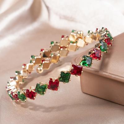 TEMU Elegant Red & Green Zirconia Copper Wrist Accessory For Women - Perfect Holiday Season Party Accessory