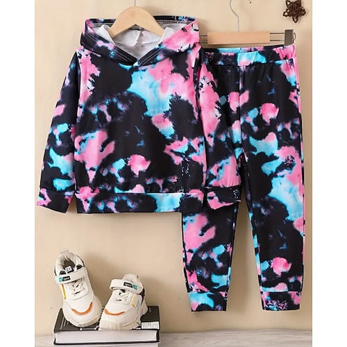 Jungen Mädchen 3D Graphic Batik Sport-Outfit Hoodie-Set Trainingsanzüge Langarm Frühling Herbst Täglich Brautkleider schlicht Stumpfhosen kinderkleidung 4-12 Jahre Mit Kapuze Outdoor Urlaub Sport Image