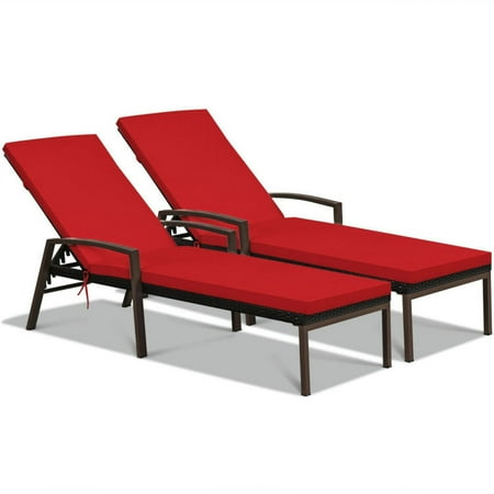 GVN Reclining Chair Outdoor Chaise Lounge 2 Pieces Patio Rattan Adjustable Back Lounge Chair with Armrest and Removable Cushions-Red