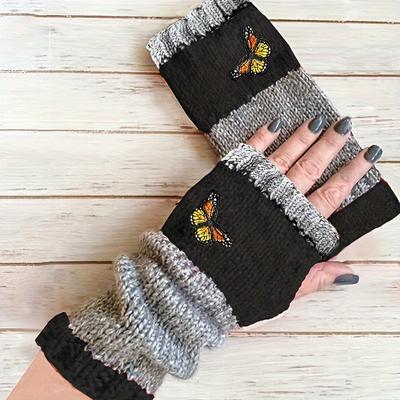 TEMU Autumn Winter Warm Fingerless Gloves With Butterfly Embroidery Color Block Design Knitted Gloves