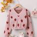 TEMU Strawberry Pattern V-neck Sweater For Girls, Comfy Crew Neck Long Sleeve Knit Jumper Top Winter/ Fall Clothing