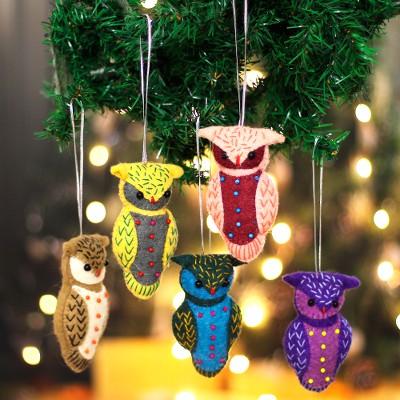 'Set of 5 Handmade Owl-Themed Embroidered Wool Felt Ornaments'