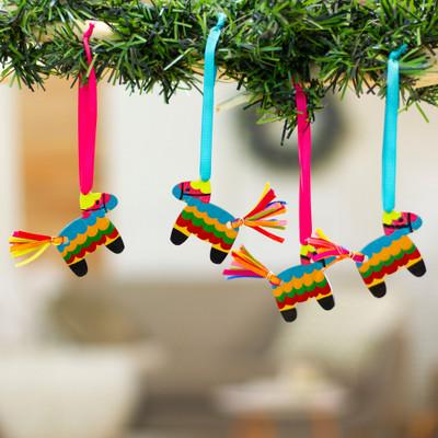 'Set of 4 Hand-Painted Piñata-Themed Colorful Wood Ornaments'