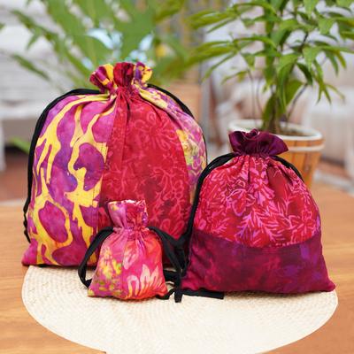 Flaming Joy,'Upcycled Set of 3 Red and Pink Batik Patchwork Gift Pouches'