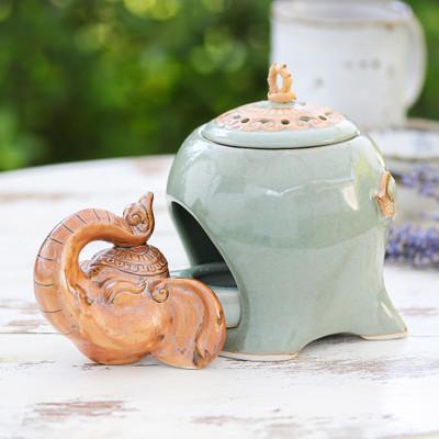 'Crackled Elephant-Themed Green Ceramic Oil Warmer'